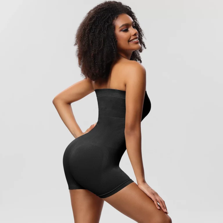 Black strapless shaping bodysuit with shorts shown from the rear side