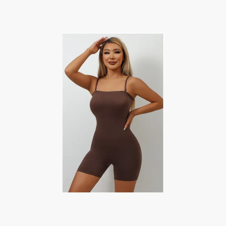 Brown seamless shaping bodysuit with shorts and slim adjustable straps