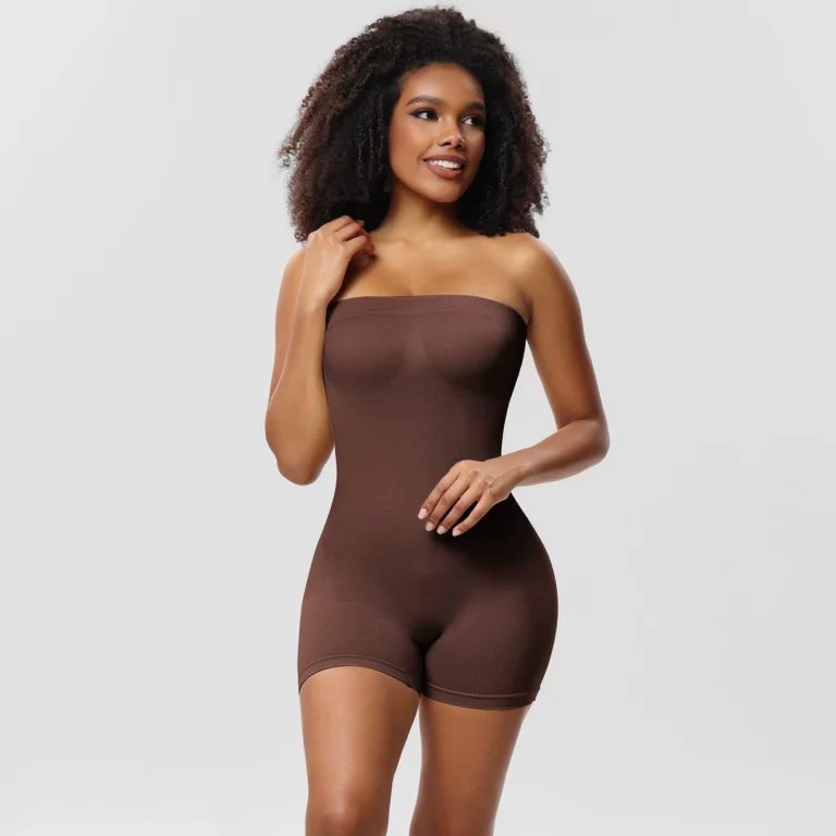 Brown seamless shaping bodysuit with shorts worn without the removable straps