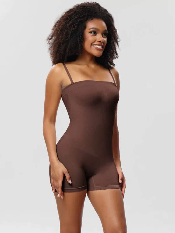 Brown seamless convertible-strap shaping bodysuit with shorts worn with adjustable straps