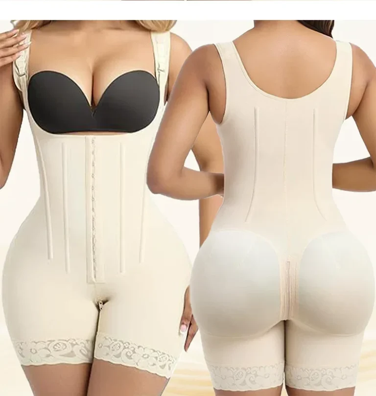 Qinelle BeigeYellow open-bust front-hook short-leg shaping bodysuit front and back view