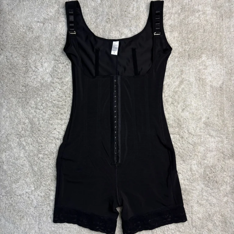 Qinelle Black open-bust front-hook short-leg shaping bodysuit flat front detail