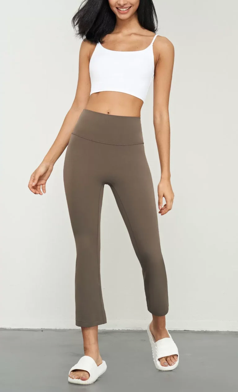 Qinelle high-waist cropped flare yoga pants in Taupe Brown — front view