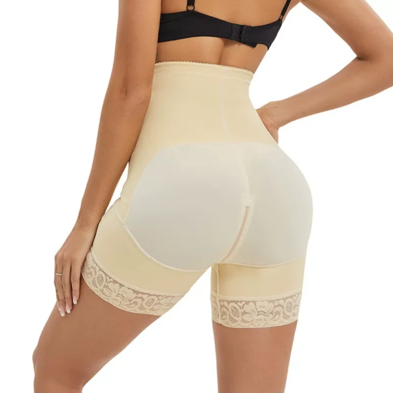 Beige high-waist lace-trim shaping shorts, back view