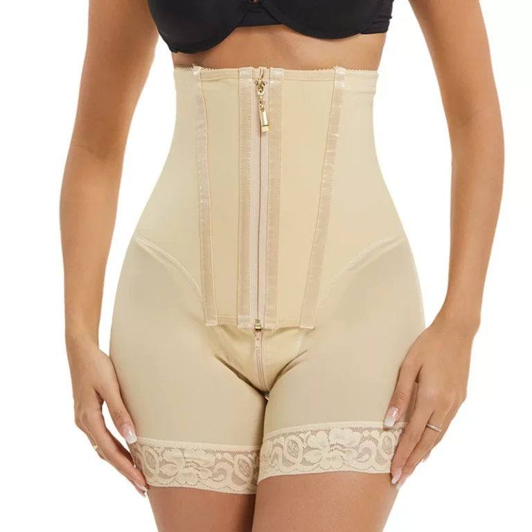 Beige high-waist zip-front lace-trim shaping shorts, front view