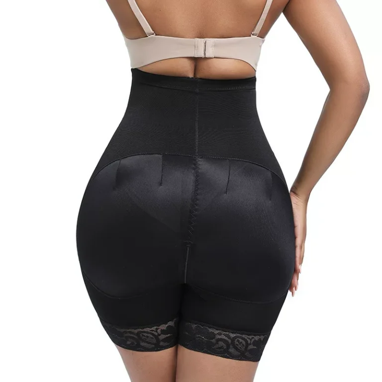 Black high-waist lace-trim shaping shorts, back view