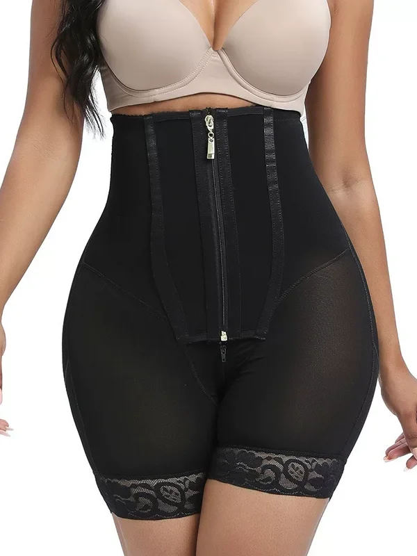Black high-waist zip-front lace-trim shaping shorts, front view