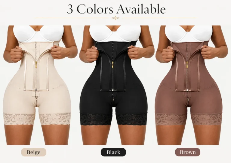 Beige, Black, and Brown high-waist zip-front shaping shorts