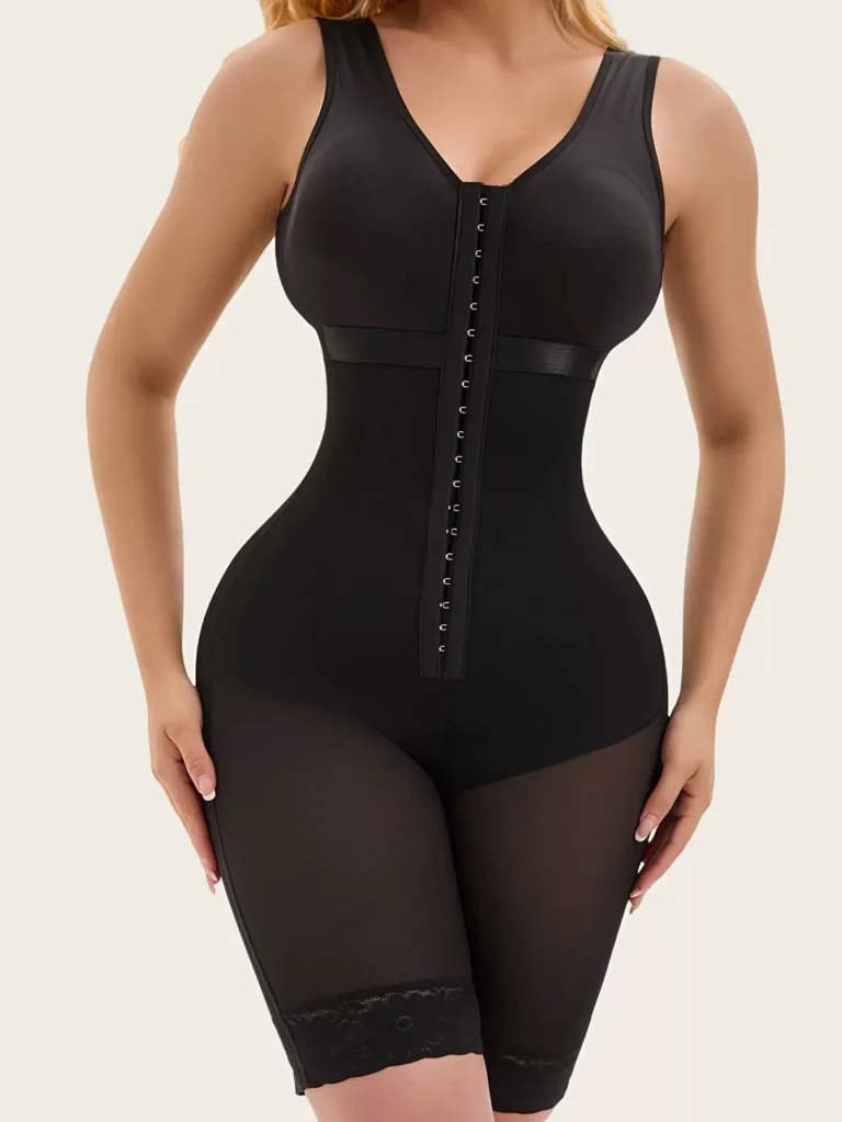 Black front-hook mid-thigh shaping bodysuit front view showing waist definition and full thigh coverage