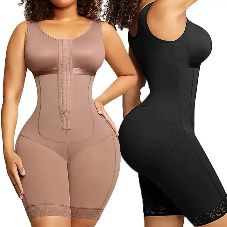 Black and Mocha Brown front-hook mid-thigh shaping bodysuits shown together from front and side
