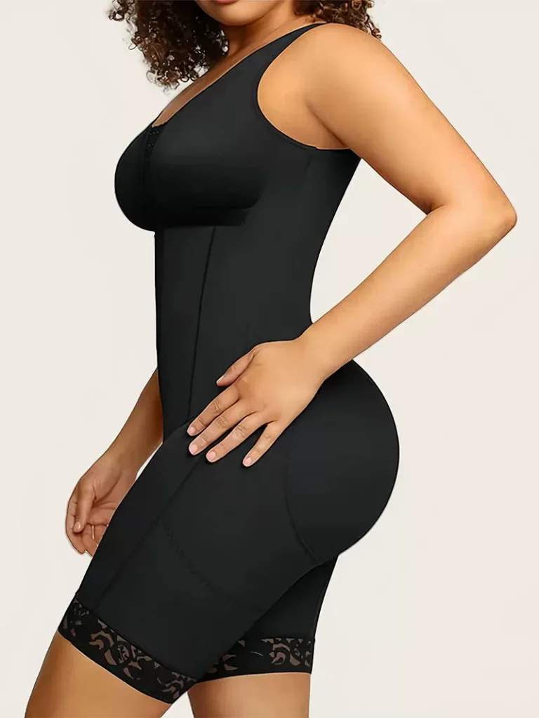 Black front-hook mid-thigh shaping bodysuit side view with covered bust and lace-trim legs