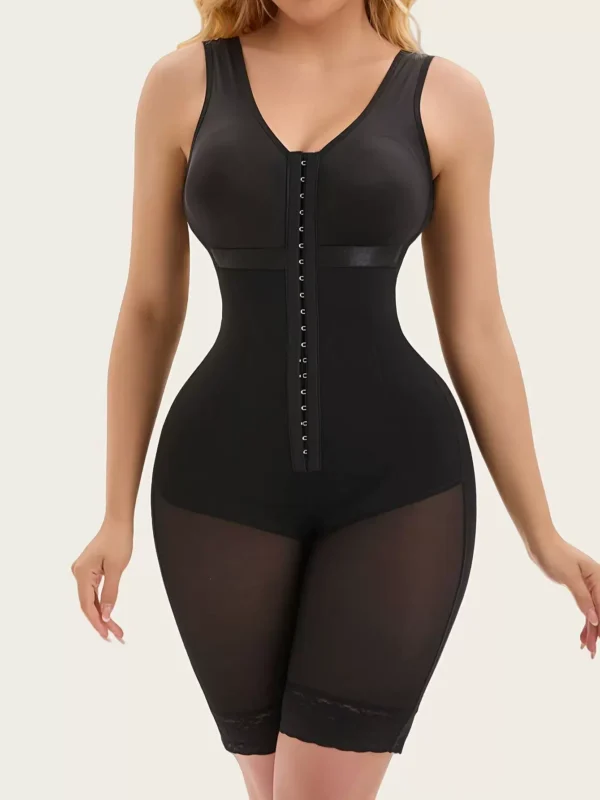 Black front-hook mid-thigh shaping bodysuit straight front view with wide straps and thigh mesh panels
