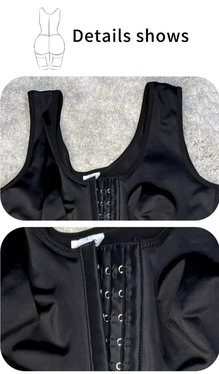 Close-up of the long front hook-and-eye closure and wide shoulder construction