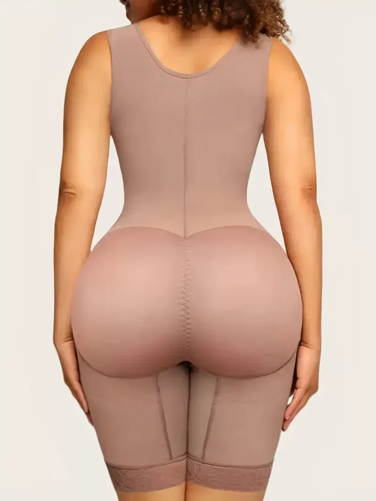 Mocha Brown front-hook mid-thigh shaping bodysuit straight back view with centered seat shaping seam