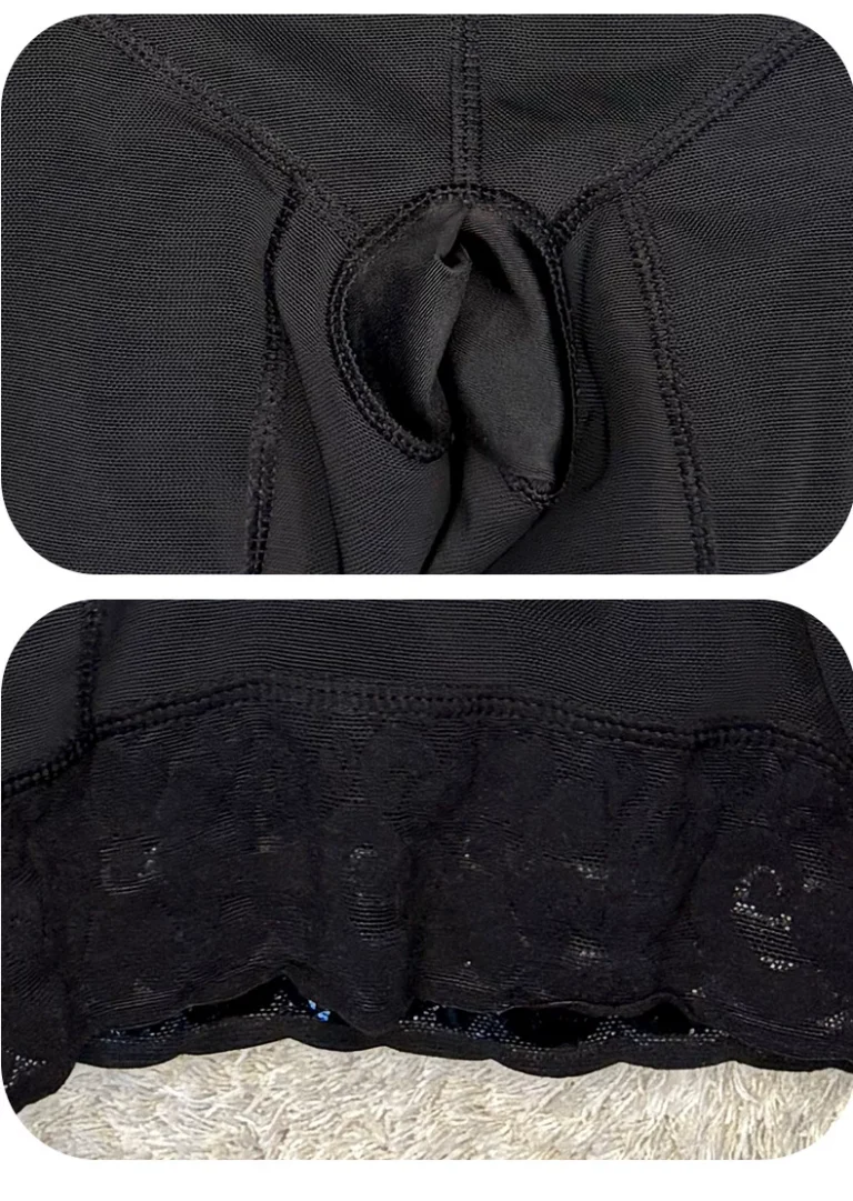 Open-crotch access and lace-trim leg opening details on the black mid-thigh shaping bodysuit