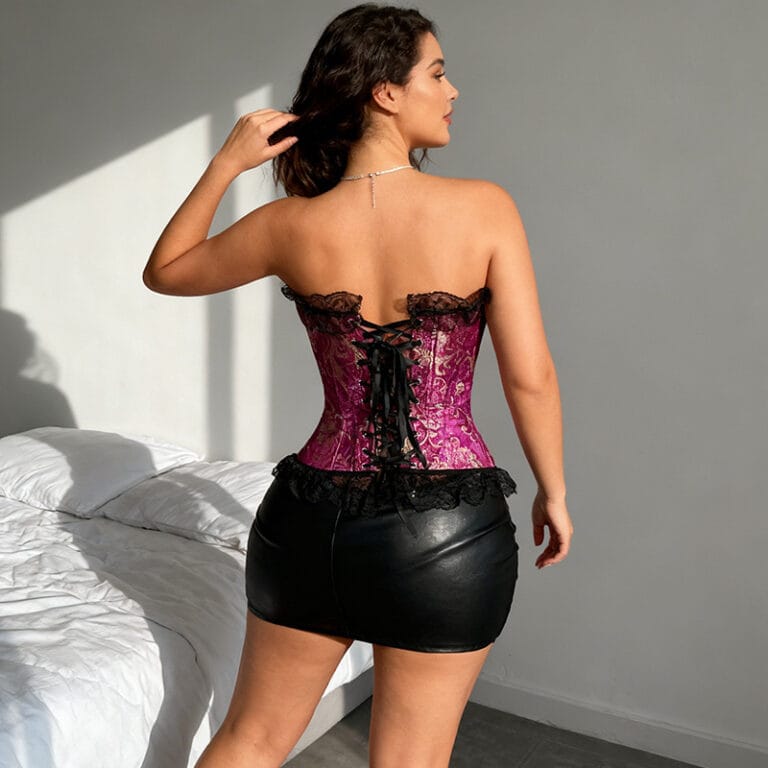Wine red brocade strapless corset bustier top outfit styling view