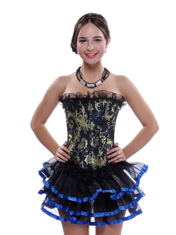 Blue brocade corset bustier top on model