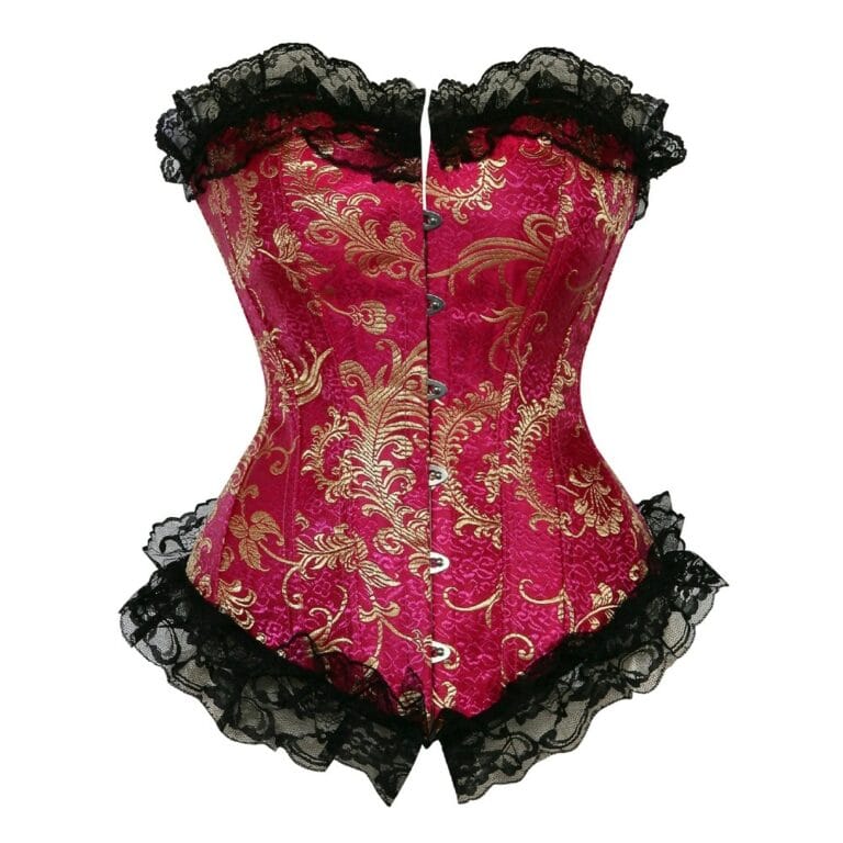 Fuchsia front hook closure and brocade texture