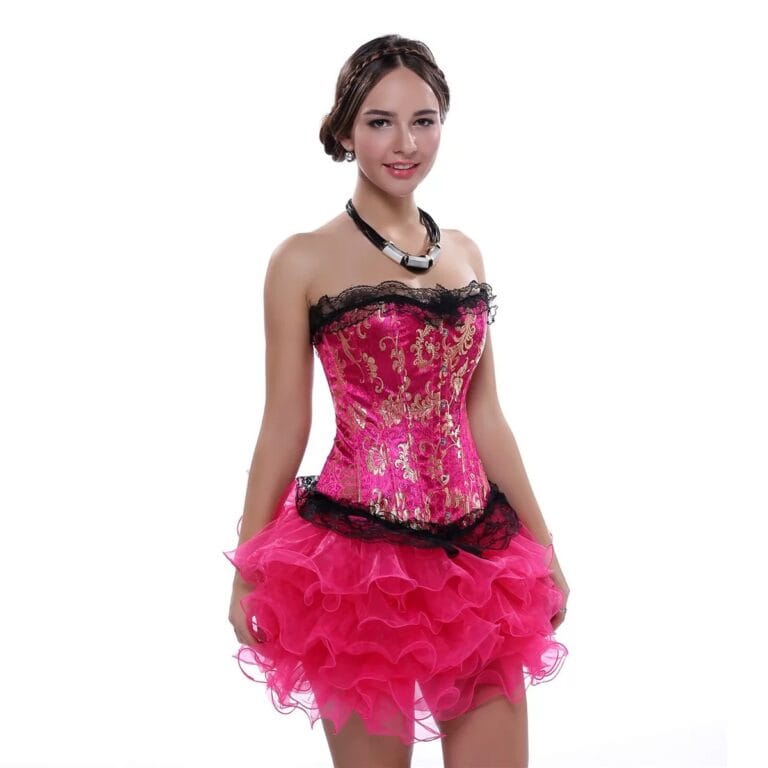 Fuchsia brocade corset bustier top on model