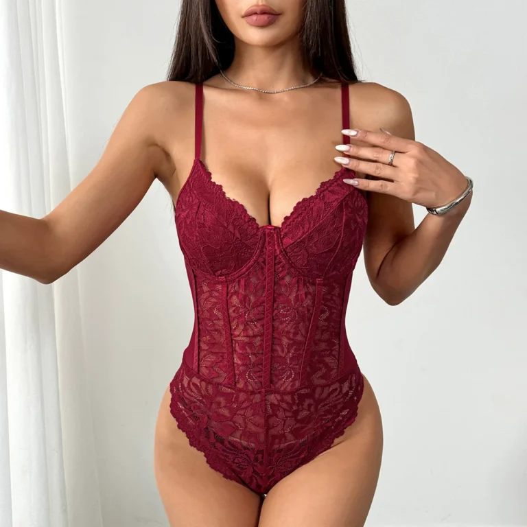 Wine Red floral lace corset bodysuit front view with structured cups