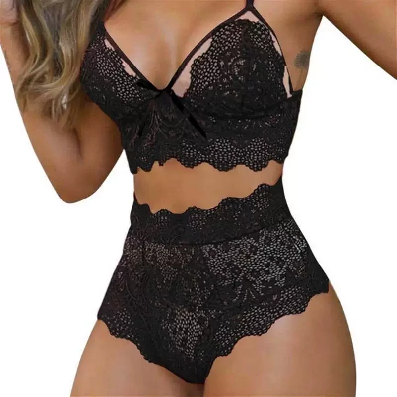 Qinelle black lace bralette and high-waist brief lingerie set front view