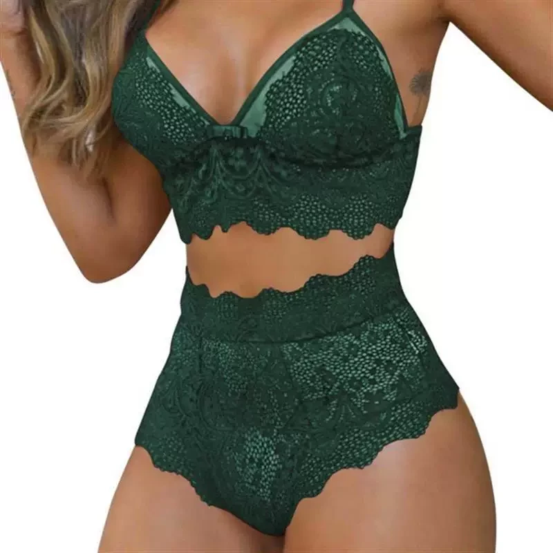 Qinelle green lace bralette and high-waist brief lingerie set front view