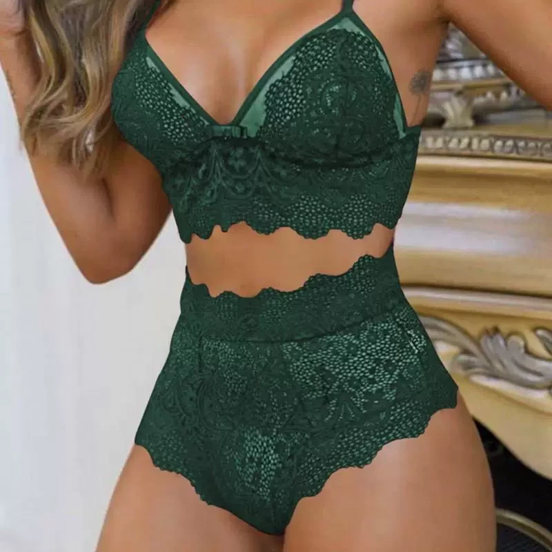 Qinelle green lace bralette and high-waist brief set lifestyle front view