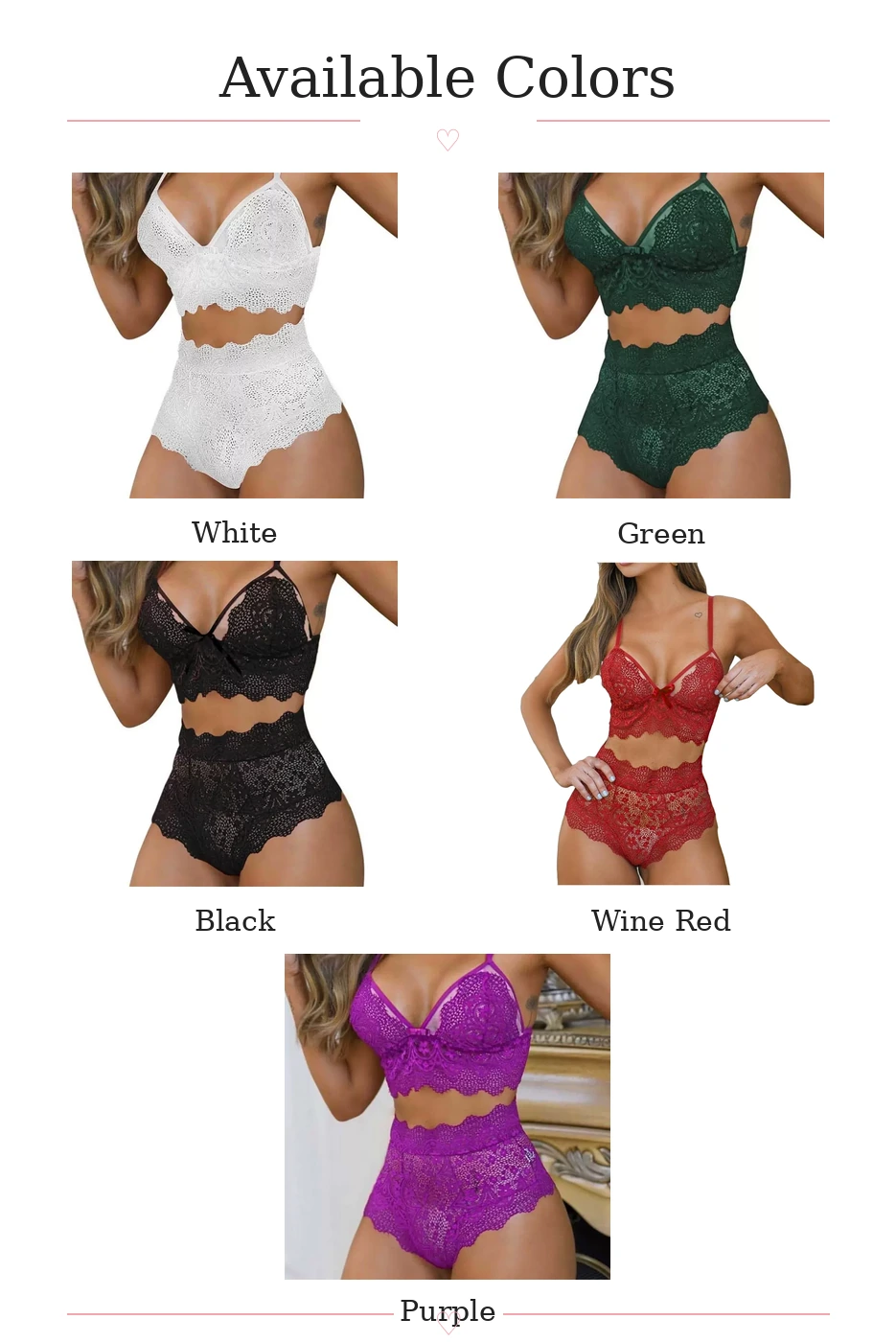 Qinelle available live colors panel for lace bralette and high-waist brief set