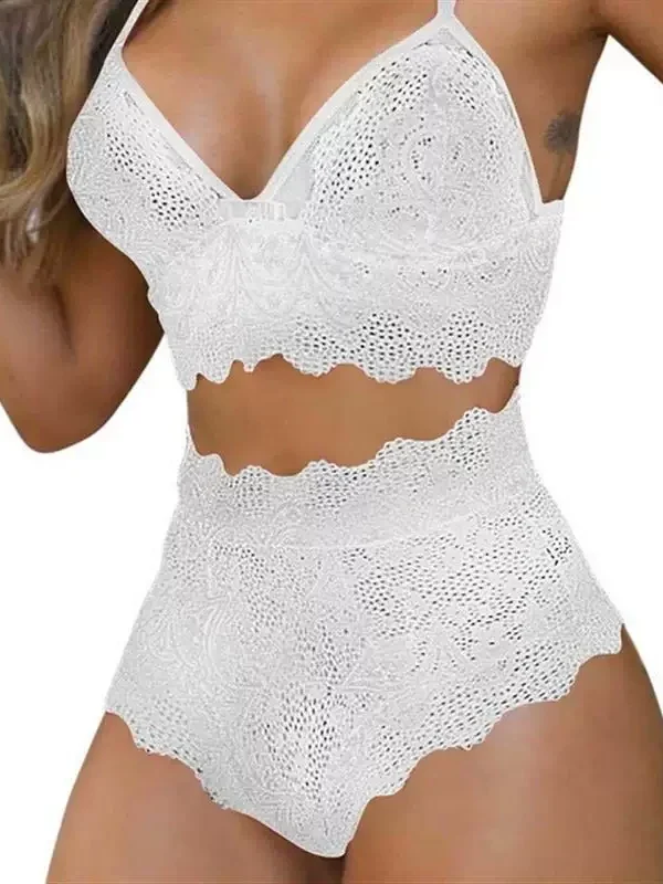Qinelle white lace bralette and high-waist brief lingerie set front view