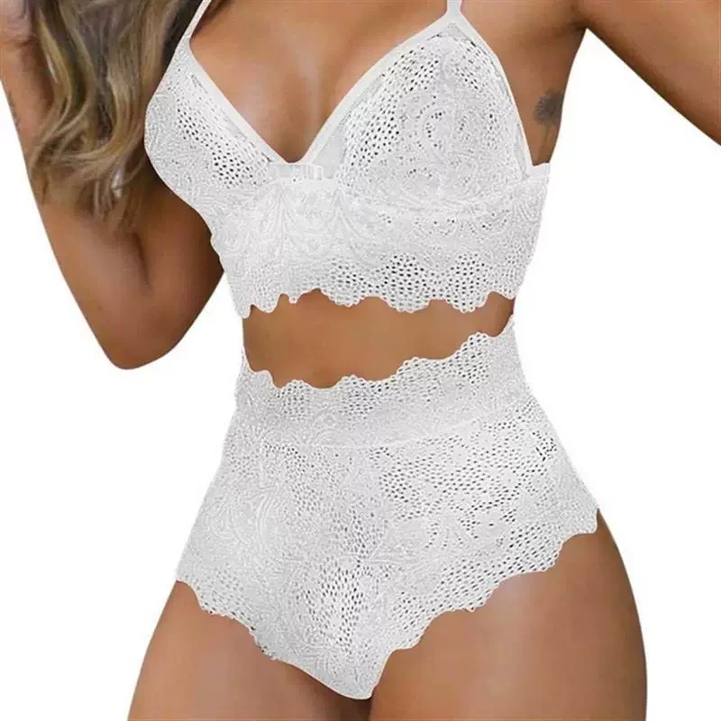 Qinelle white lace bralette and high-waist brief lingerie set front view