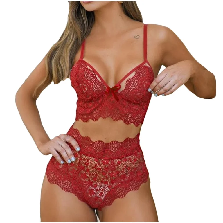 Qinelle wine red lace bralette and high-waist brief lingerie set front view