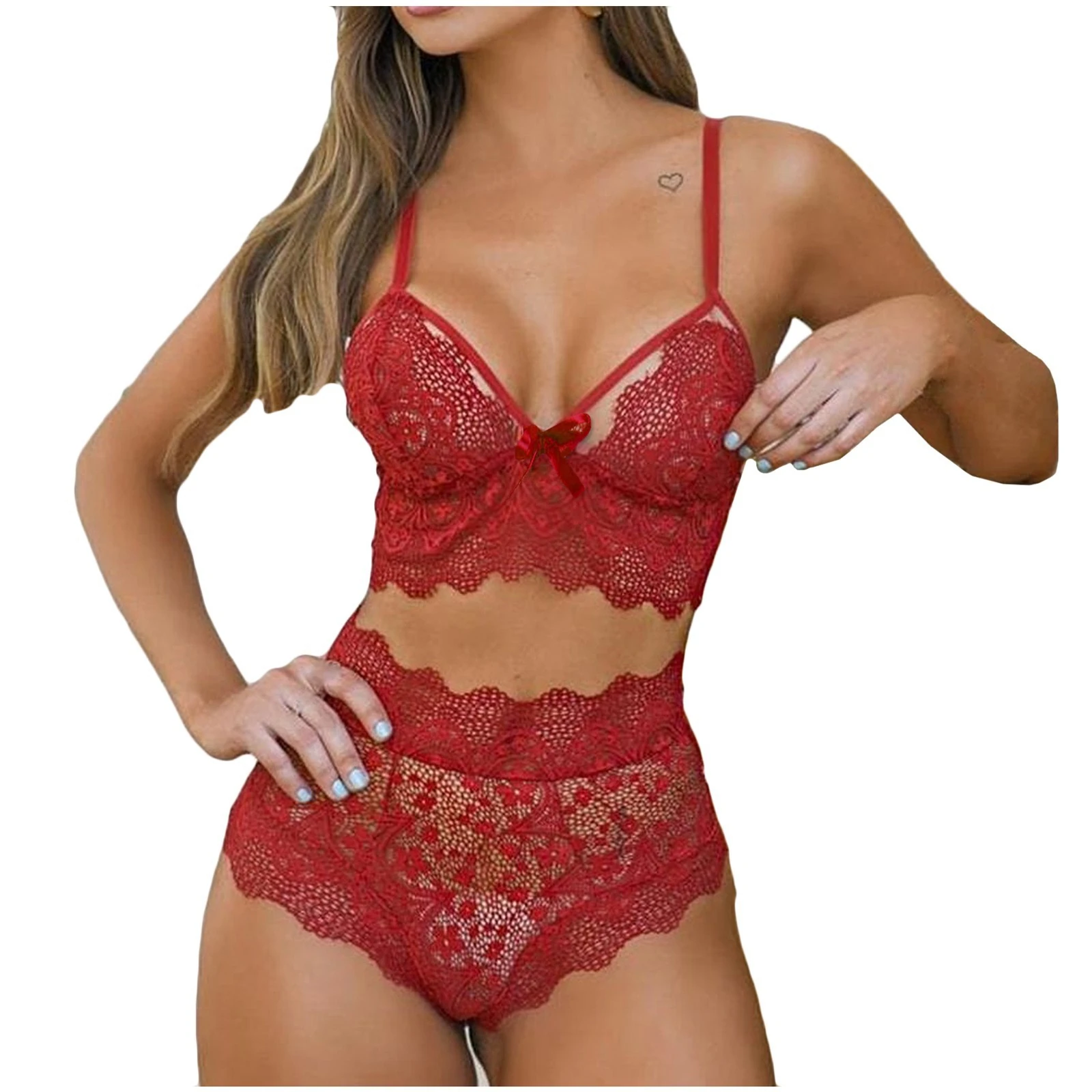 Qinelle wine red lace bralette and high-waist brief lingerie set front view