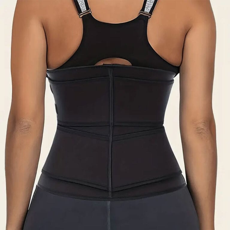 Black wraparound waist trainer belt shown from the back for fit reference