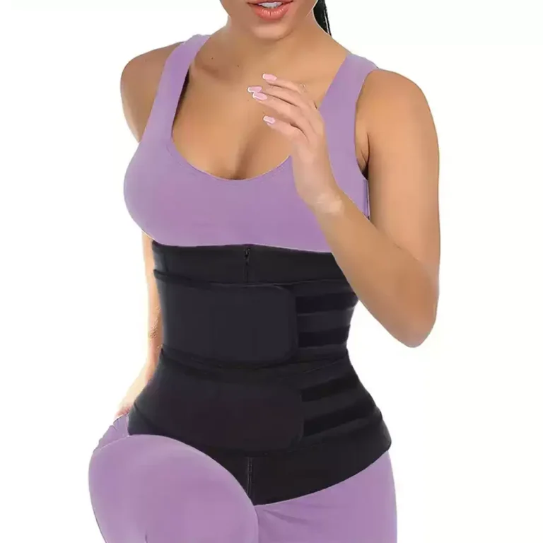 Black wraparound waist trainer belt worn at the waist with front closure visible