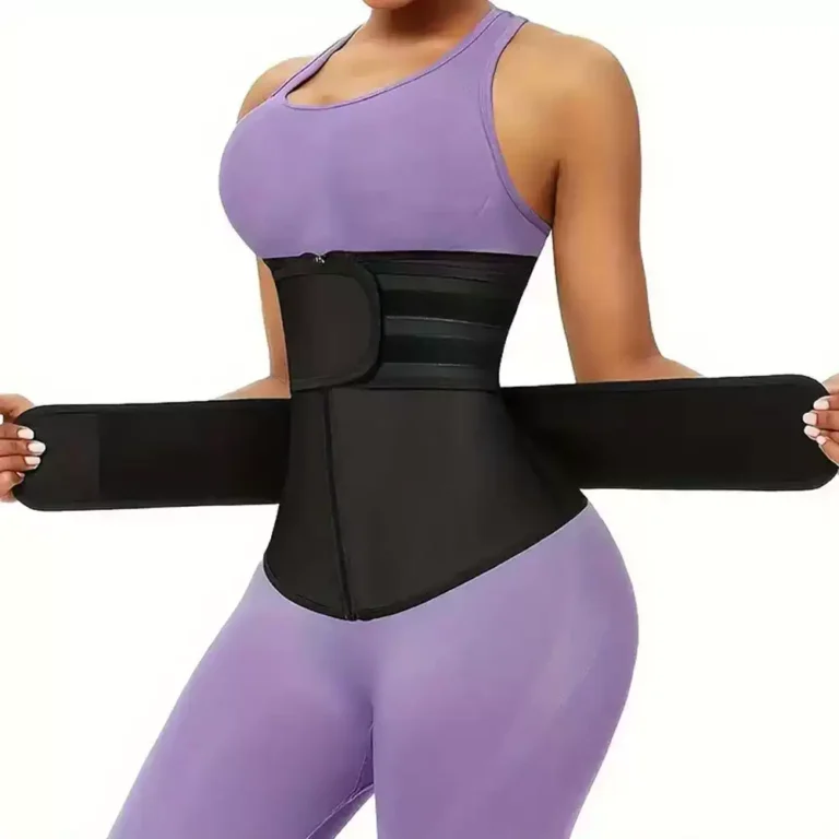 Black wraparound waist trainer belt with outer support band opened for adjustment