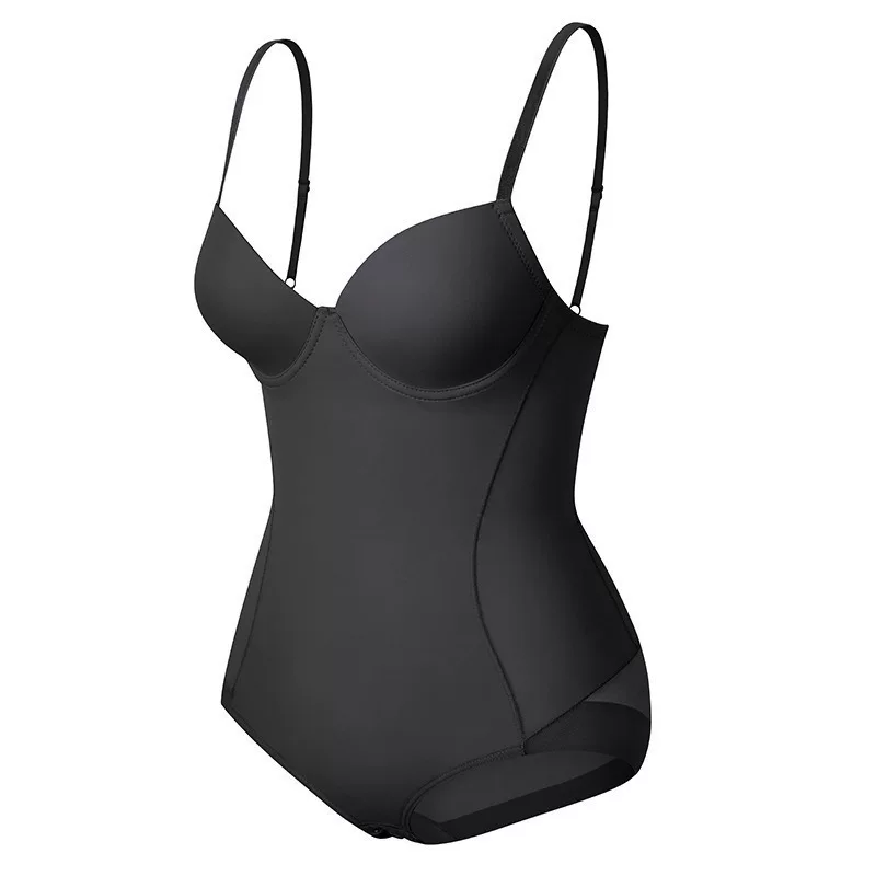 Black bodysuit three-quarter view showing cup and waist shaping