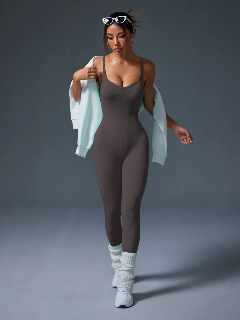 Qinelle seamless ribbed low-back scrunch jumpsuit in Brown — front view