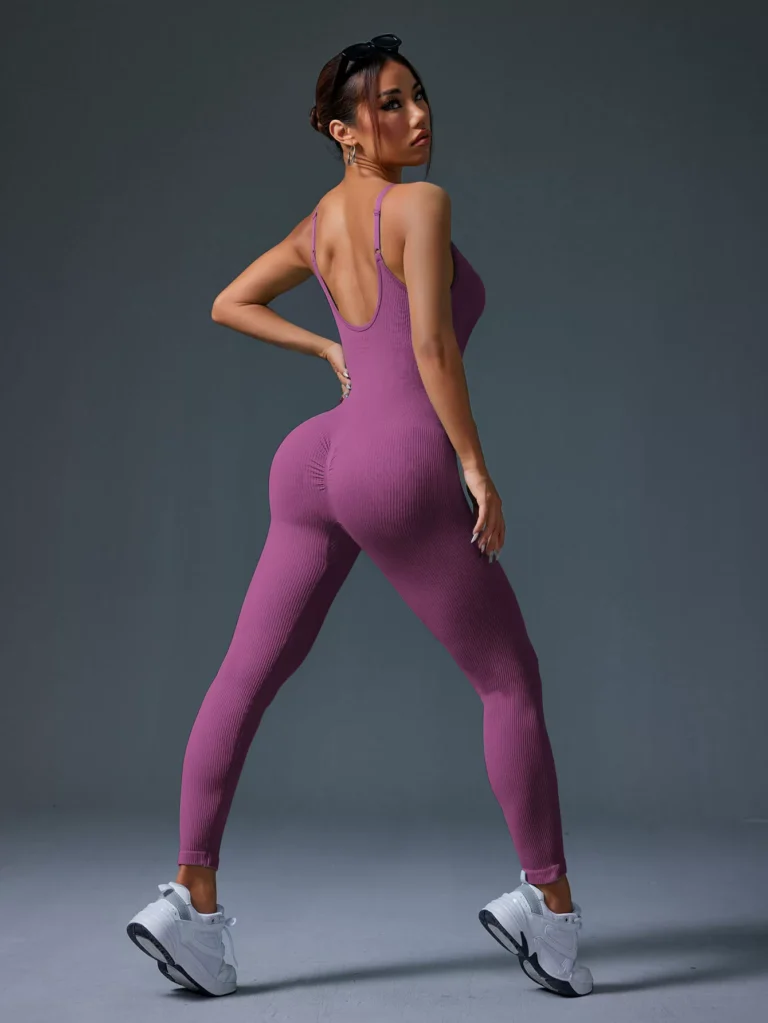 Qinelle seamless ribbed low-back scrunch jumpsuit in Deep Purple — alternate view