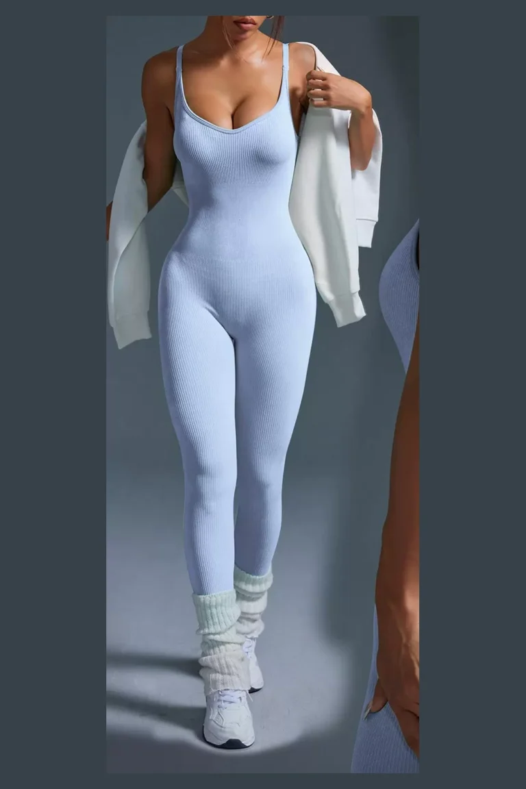 Qinelle seamless ribbed low-back scrunch jumpsuit in Dusty Blue — front view
