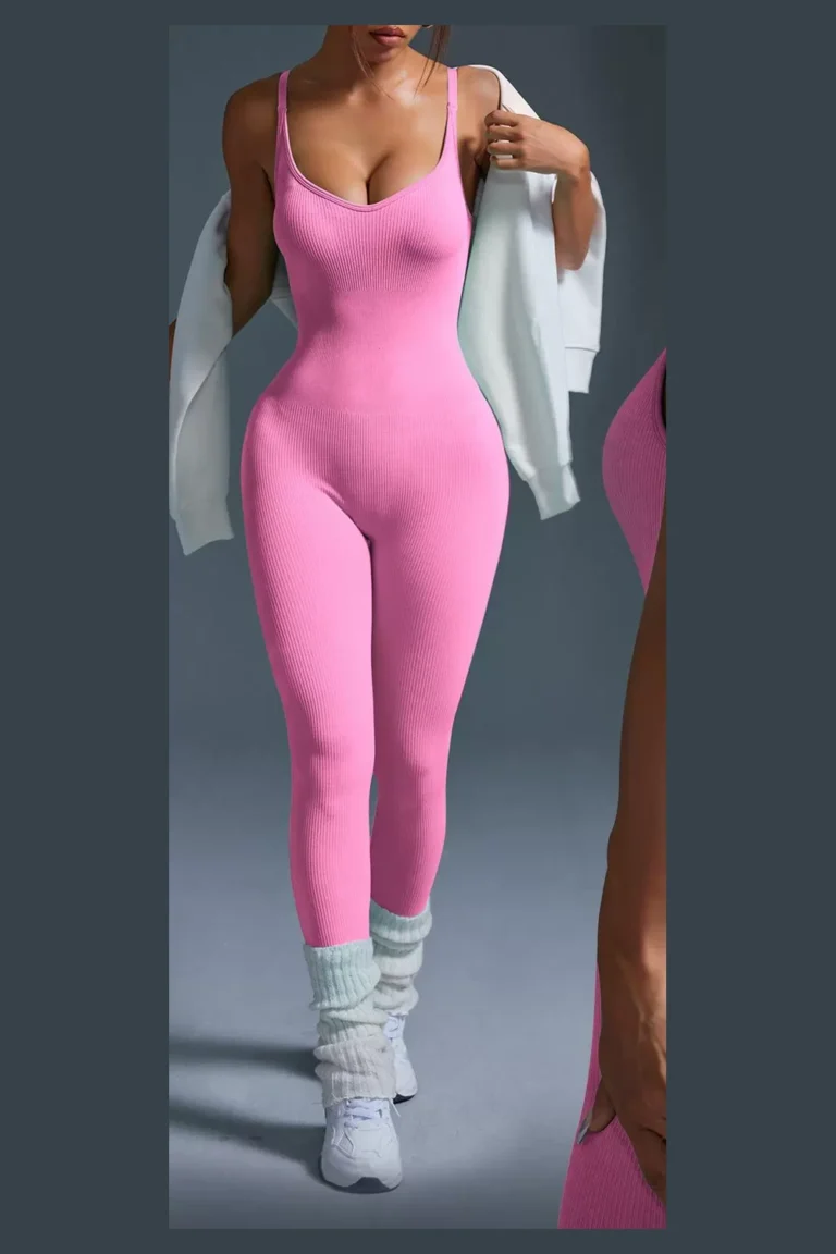 Qinelle seamless ribbed low-back scrunch jumpsuit in Hot Pink — front view