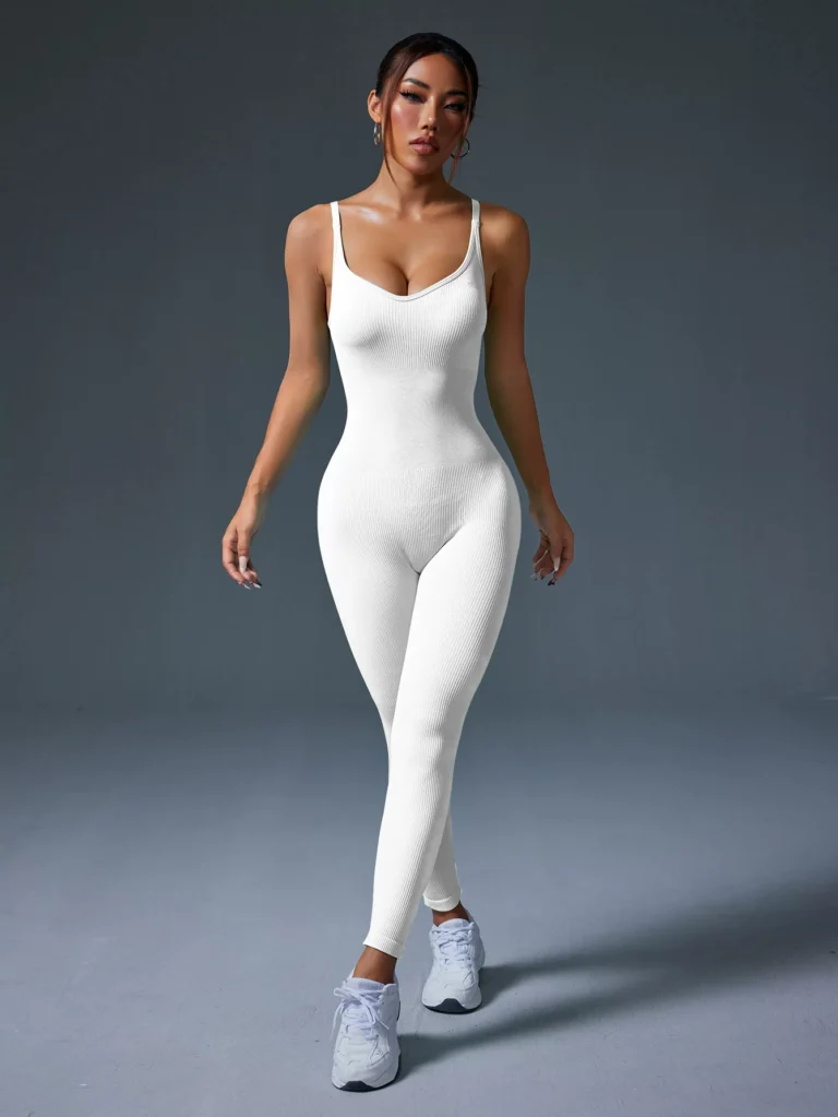 Qinelle seamless ribbed low-back scrunch jumpsuit in White — front view