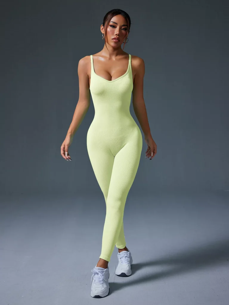 Qinelle seamless ribbed low-back scrunch jumpsuit in Yellow — front view