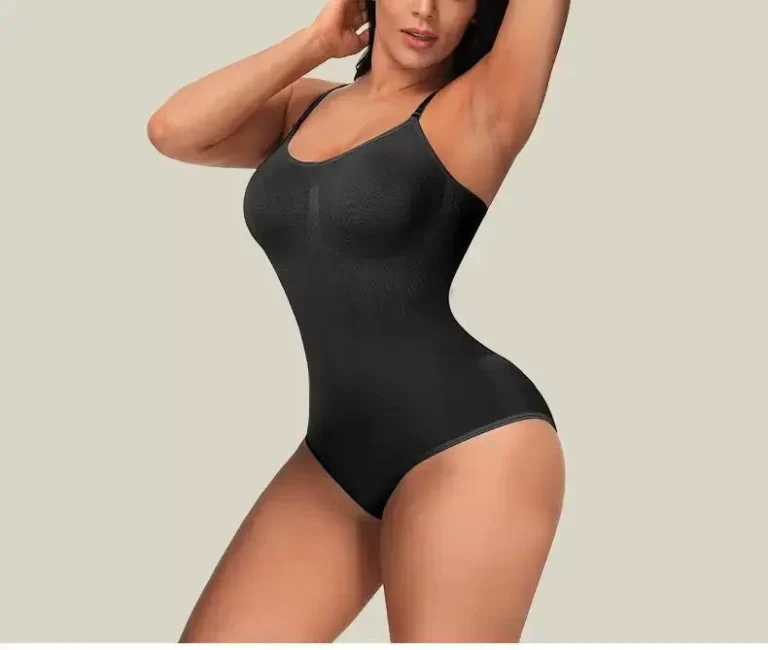Qinelle black detachable-strap tummy-control bodysuit brief angled front view