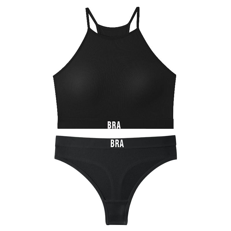 Qinelle 29170 racerback sports bra and brief set - Black front set on white background