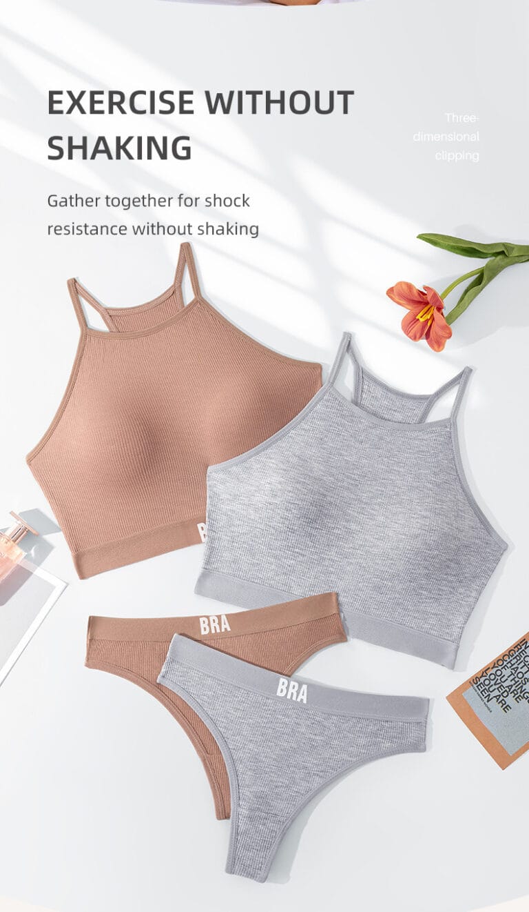 Qinelle 29170 Khaki and Light Grey flatlay sports bra and brief set