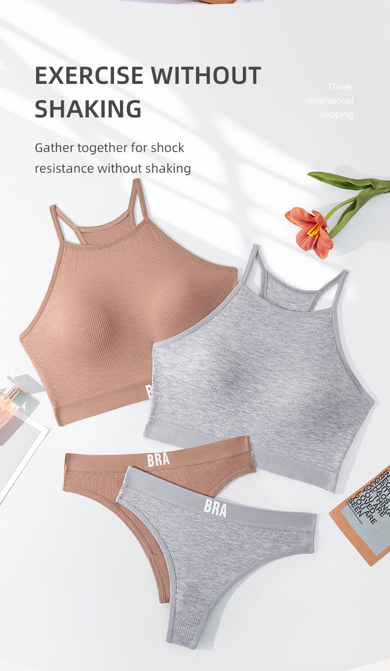 Qinelle 29170 racerback sports bra and brief set - Khaki and Light Grey flatlay sports bra and brief set