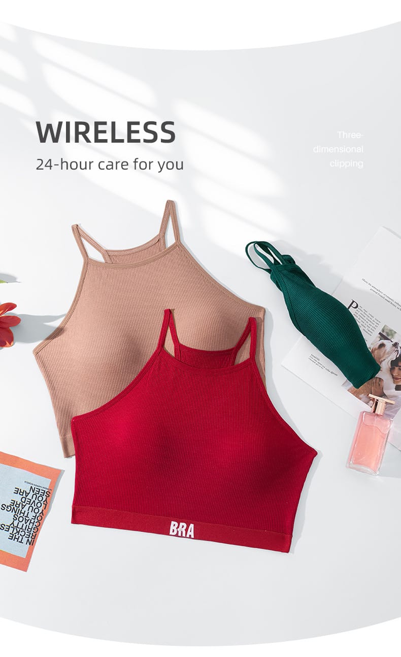 Qinelle 29170 racerback sports bra and brief set - Khaki, Wine Red, and Forest Green flatlay showing wireless ribbed fabric