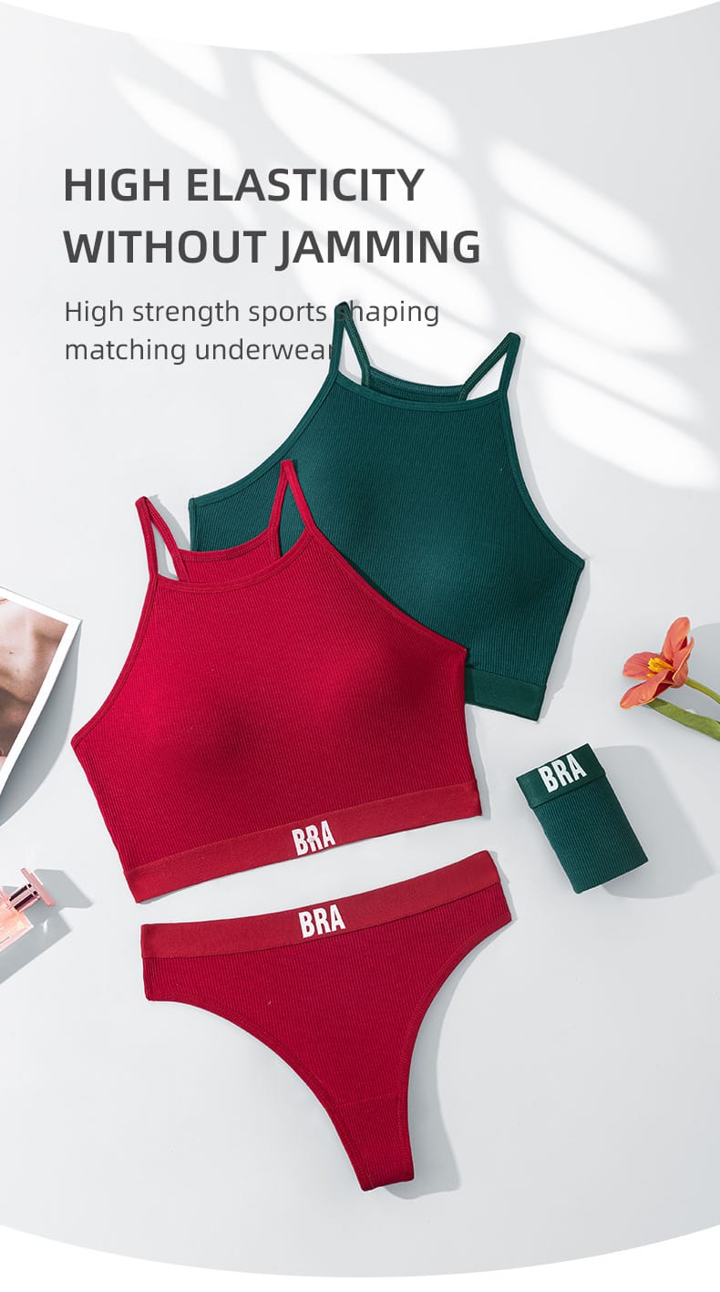 Qinelle 29170 racerback sports bra and brief set - Wine Red and Forest Green flatlay showing ribbed stretch set