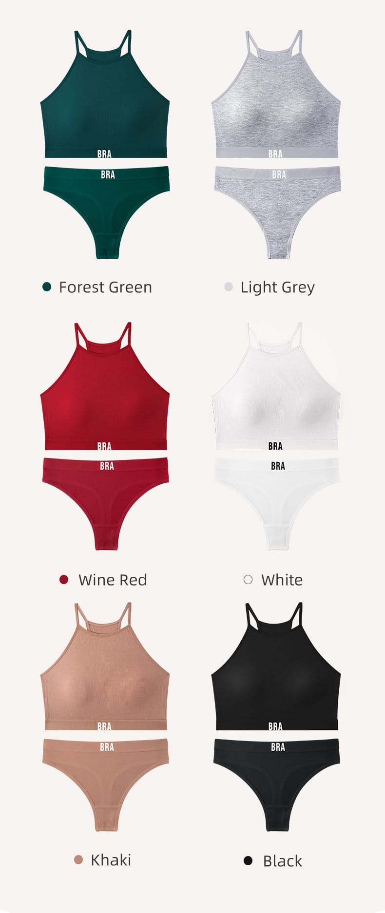 Qinelle 29170 racerback sports bra and brief set - Six color option chart: Forest Green, Light Grey, Wine Red, White, Khaki, and Black