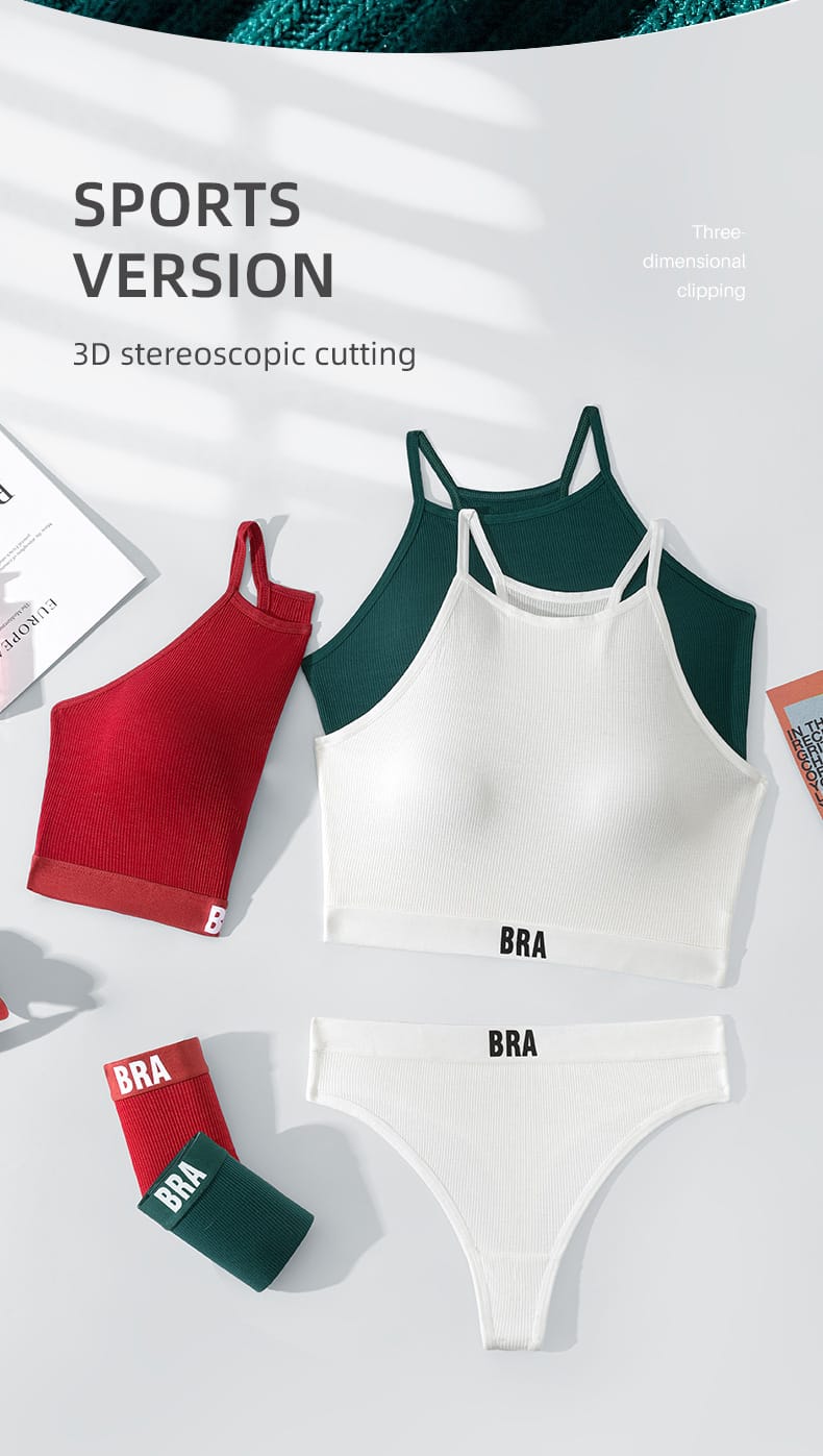 Qinelle 29170 racerback sports bra and brief set - White, Wine Red, and Forest Green sports version flatlay